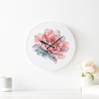 Grande Horloge Ronde Pivoine Florale Aquarelle