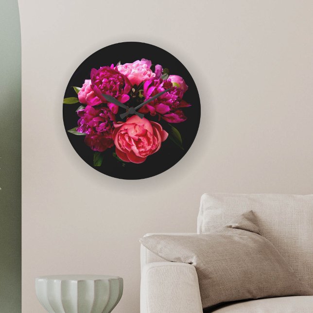 Grande Horloge Ronde Pivoines roses et violettes dramatiques (Créateur téléchargé)