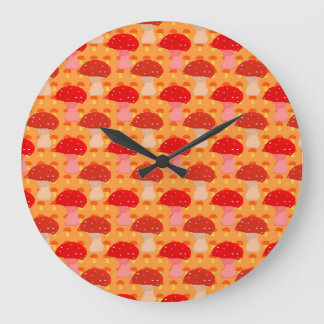 Grande Horloge Ronde Pixel Mushroom Pattern - Orange Background