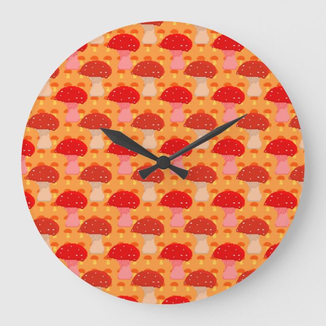 Grande Horloge Ronde Pixel Mushroom Pattern - Orange Background (Recto)