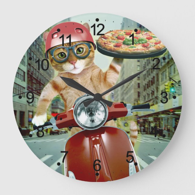Grande Horloge Ronde Pizza cat - chat - livraison de pizza (Recto)