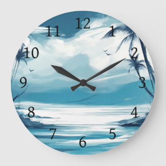 Grande Horloge Ronde Plage Bleu Bleu Bleu Bleu mer Blanc Design 308