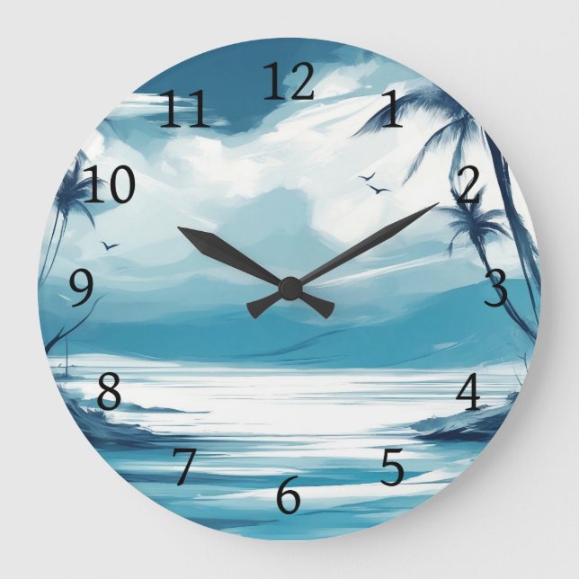 Grande Horloge Ronde Plage Bleu Bleu Bleu Bleu mer Blanc Design 308 (Recto)