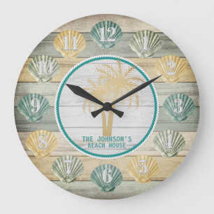 Grande Horloge Ronde Plage bleu et jaune Coquillages en bois et palmier