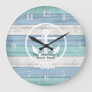 Grande Horloge Ronde Plage Bleue Bois Bandes et Ancres Nautiques Grand