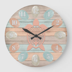 Grande Horloge Ronde Plage Bois Grandes Nautiques, Verre de mer, Tortue