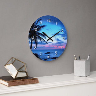 Grande Horloge Ronde Plage de l'île tropicale Océan Rose Bleu Coucher d