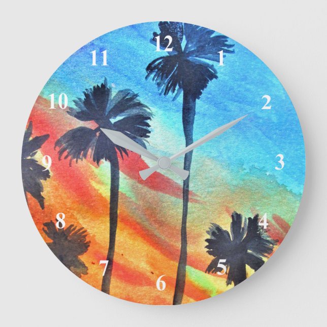Grande Horloge Ronde Plage de Sunset Palm Tree art surf (Recto)