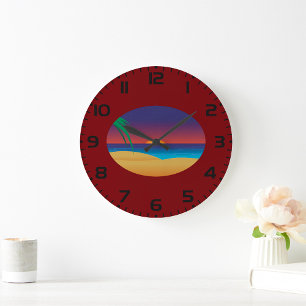 Grande Horloge Ronde Plage de Sunset Tropical Palm Feuille Ocean Waves