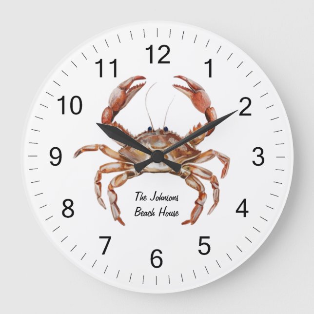 Grande Horloge Ronde Plage d'été du crabe d'aquarelle moderne tendance (Recto)