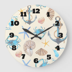 Grande Horloge Ronde Plage et motif orienté de vie marine