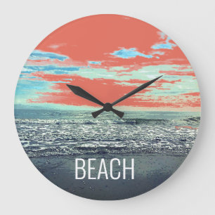 Grande Horloge Ronde Plage Océan Typographie Artistique Coucher de sole