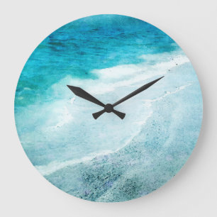 Grande Horloge Ronde Plage Retro - Côte Turquoise Bleu Océan Aquarell