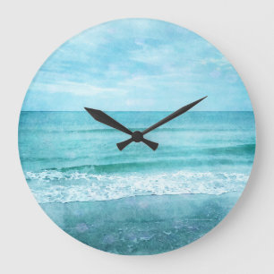 Grande Horloge Ronde Plage Retro - Océan côtier Aquarelle bleu Turquois