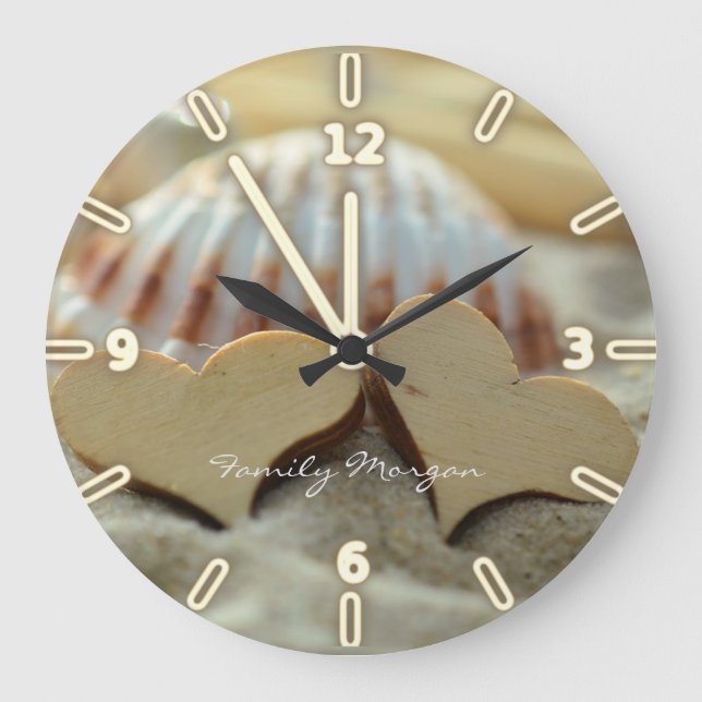 Grande Horloge Ronde Plage, Sable, Coquillage, Coeurs de bois Personnal (Recto)