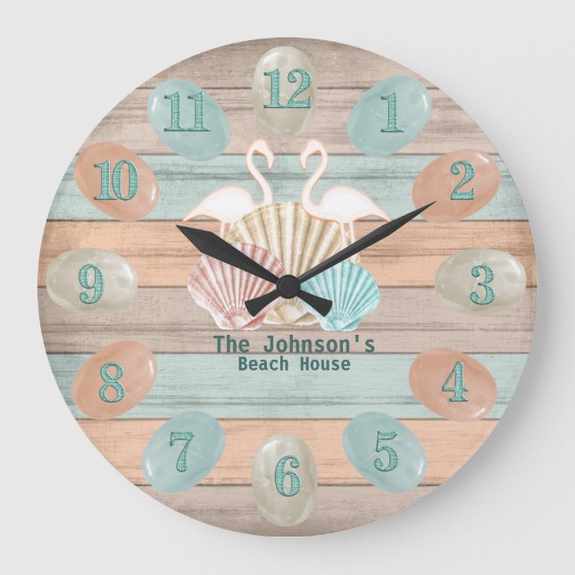 Grande Horloge Ronde Plage Seashell, Flamant rose & Verre de mer (Recto)