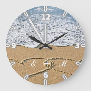 Grande Horloge Ronde Plage tropicale adorable moderne, Coeur-Monogramme