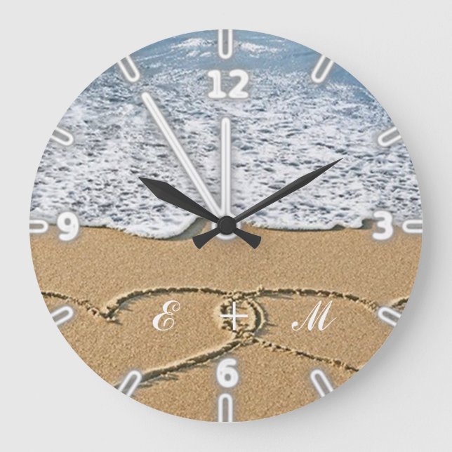 Grande Horloge Ronde Plage tropicale adorable moderne, Coeur-Monogramme (Recto)