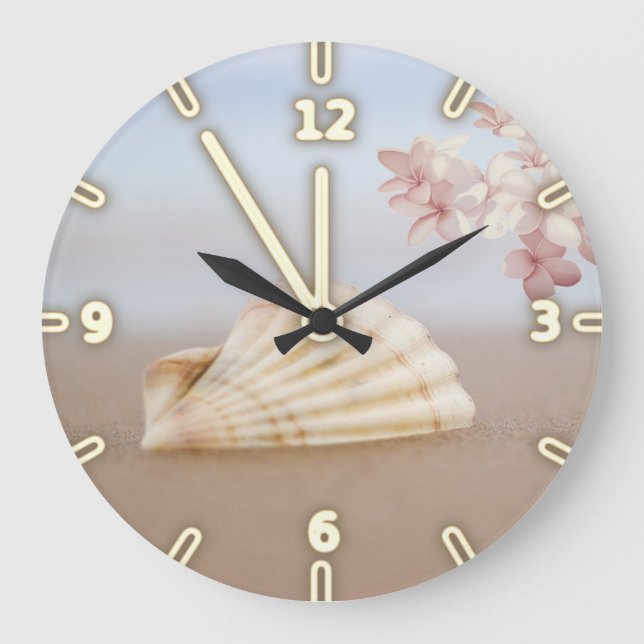 Grande Horloge Ronde Plage tropicale, Coquillage, Plumeria (Recto)