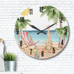 Grande Horloge Ronde Plage tropicale mignonne<br><div class="desc">Un thème de plage couleur cool aux tons rose et turquoise, qui donne l'ambiance d'une escapade ou d'une escapade sur la plage. Chaise de plage rose et blanc, parasol, et même un flotteur flamand pour plus de plaisir. Des palmiers qui balancent, des coquillages à ramasser, tout est à propos de...</div>