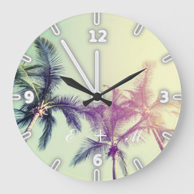 Grande Horloge Ronde Plage tropicale moderne adorable, Palms -Monogramm (Recto)
