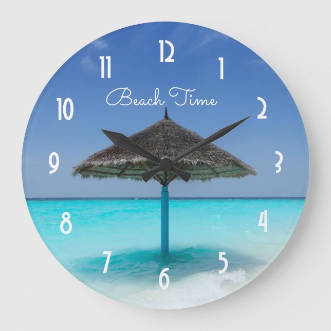 Grande Horloge Ronde Plage tropicale pittoresque avec parapluie de chau (Recto)