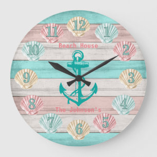 Grande Horloge Ronde Plage Turquoise et coquillages de corail et Ancre