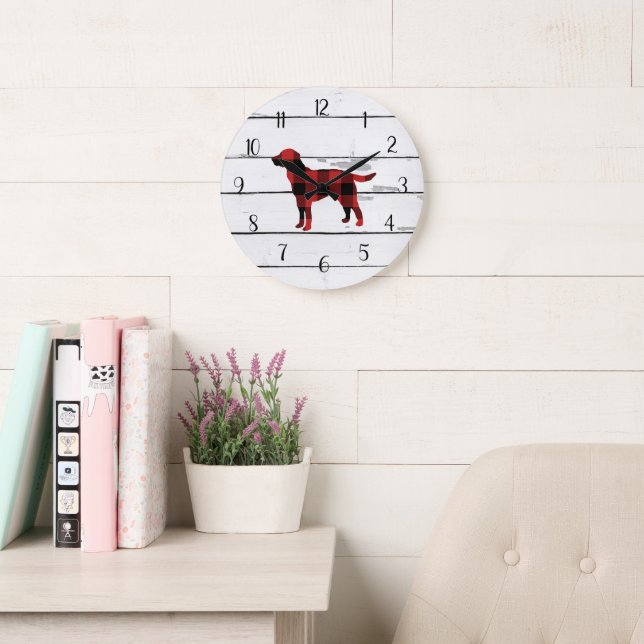 Grande Horloge Ronde Plaid Chien Labrador Rustic Shiplap Décor de ferme (Salle de lecture)