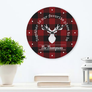 Grande Horloge Ronde Plaid de buffle rouge et noir rustique personnalis