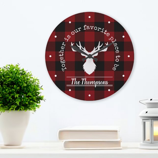 Grande Horloge Ronde Plaid de buffle rouge et noir rustique personnalis (Créateur téléchargé)