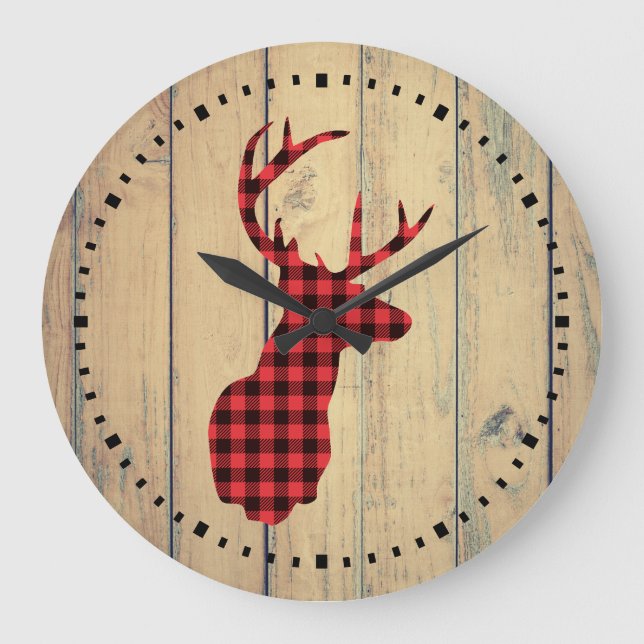 Grande Horloge Ronde Plaid Deer Head with Antlers on Faux Wood (Recto)