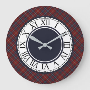 Grande Horloge Ronde Plaid rustique rouge foncé et de bleu marine