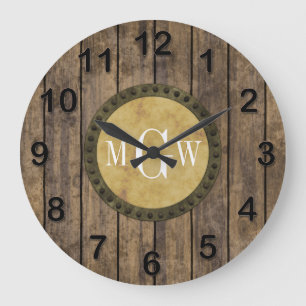 Grande Horloge Ronde Planches aspect Bois Rustique #1 Steampunk 3 Monog