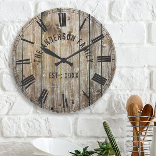Grande Horloge Ronde Planches Rustiques Bois Custom Nom de famille Ferm