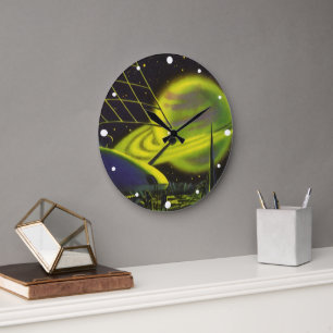Grande Horloge Ronde Planète verte néon vintage Science Fiction avec an