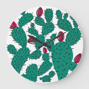Grande Horloge Ronde Plante Cactus, motif vintage vert sans couture.