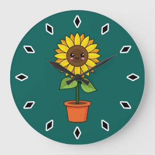 Grande Horloge Ronde Plante de tournesol Kawaii dans un pot