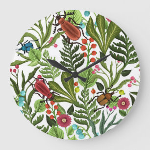 Grande Horloge Ronde Plantes décoratifs et insectes : Design sans coutu