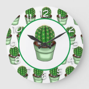 Grande Horloge Ronde Plantes domestiques dessinées à la main Cactus