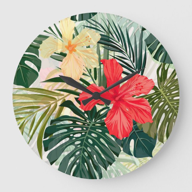 Grande Horloge Ronde Plantes tropicaux hawaïens, fleurs colorées. (Recto)