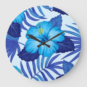 Grande Horloge Ronde Plantes tropicaux hawaïens, motif hibiscus.