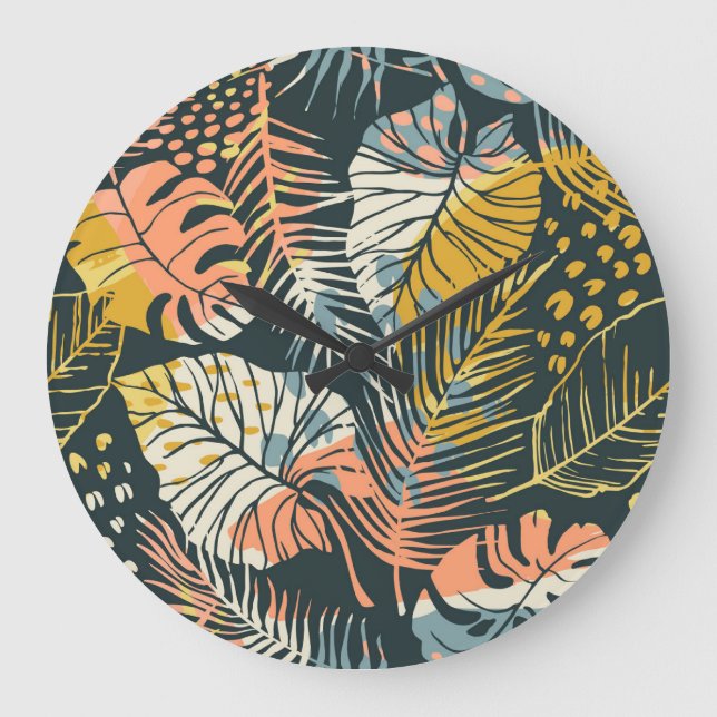 Grande Horloge Ronde Plantes tropicaux : motif artistique abstrait. (Recto)