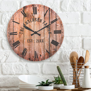 Grande Horloge Ronde Plaques en bois rustique Nom de famille personnali