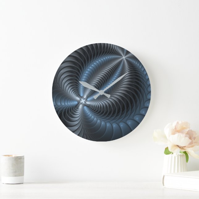 Grande Horloge Ronde Plastique bleu gris 3D Fractal Art moderne Abstrai (Maison)