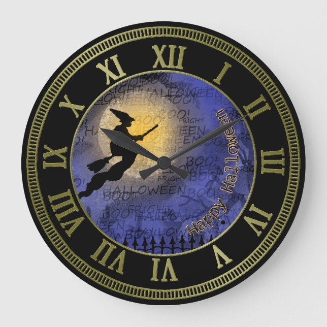 Grande Horloge Ronde Pleine lune et sorcière de Halloween (Recto)