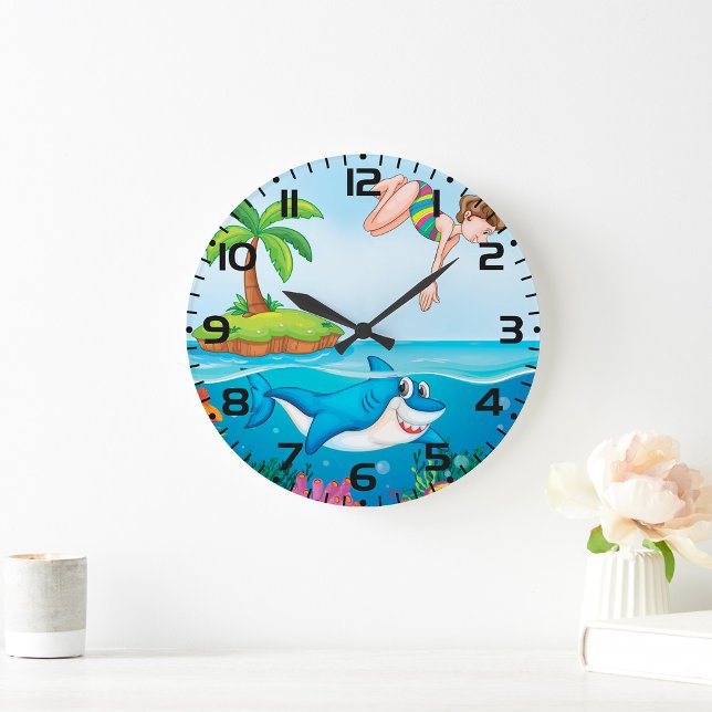 Grande Horloge Ronde Plongée Dans L'Océan Aimable Requin Coral Reef (Créateur téléchargé)