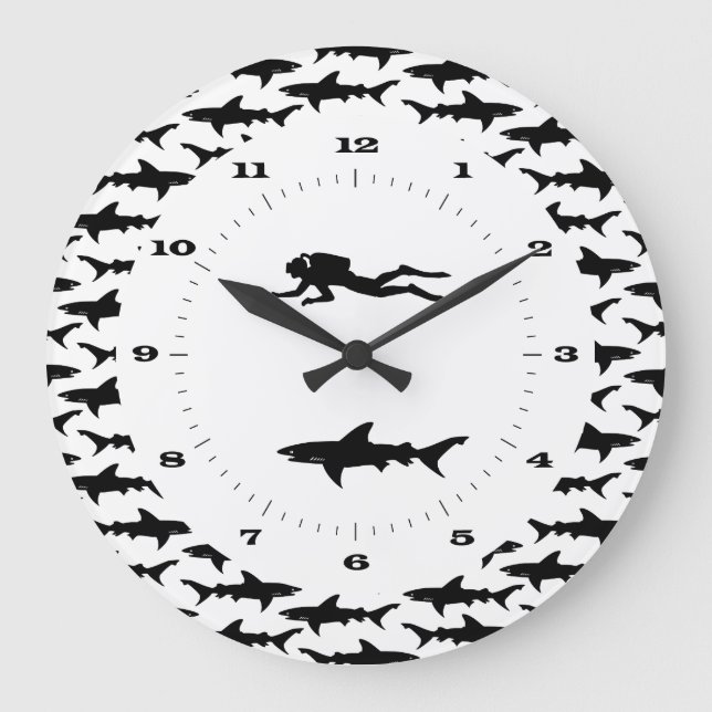 Grande Horloge Ronde Plongeur et école de requins zone de danger (Recto)