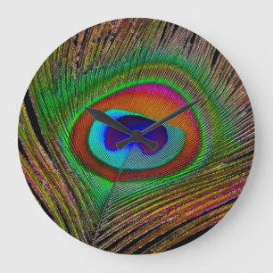 Grande Horloge Ronde Plume de paon cuivré vibrant