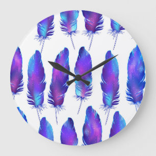 Grande Horloge Ronde Plumes avec texture spatiale, motif magique.