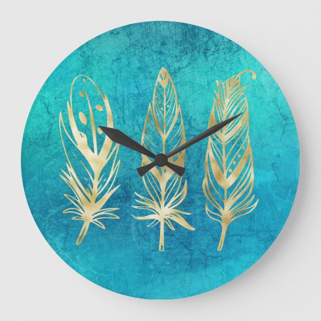 Grande Horloge Ronde Plumes bleu et or turquoise (Recto)